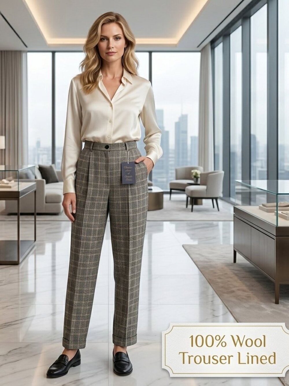 NWT Chelsea Cambell Women 8 Classic Trouser 100% Wool Plaid 2-Pocket Lined Luxur